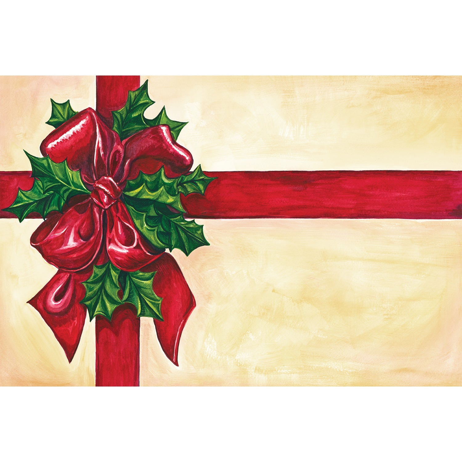 Paper placemat with cream background and red ribbon &amp; bow printed to look like a Christmas present. 