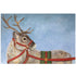 A realistic painting of a reindeer from the chest up, wearing red and green reins, on a blue background with white snowflakes.