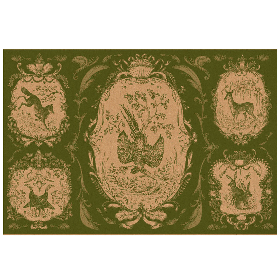 A toile-style illustration featuring detailed filigree around five vignettes containing a fox, two wild turkeys, a deer, two rabbits, and a large pheasant in the middle, all in monochrome green printed on tan kraft paper.