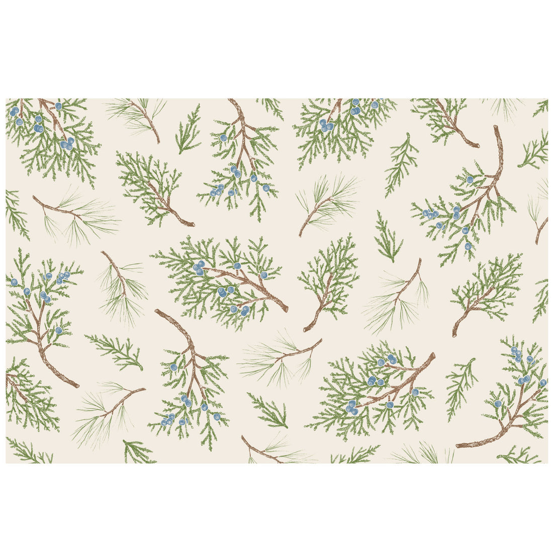 An illustrated scatter of green and brown juniper and pine sprigs with small blue berries, over a white background.