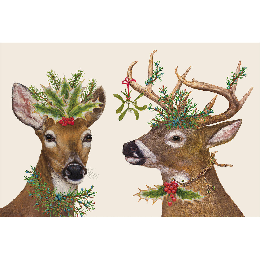 The illustrated heads of a female and male deer, adorned with sprigs of holly, mistletoe, and other botanicals, on a white background.