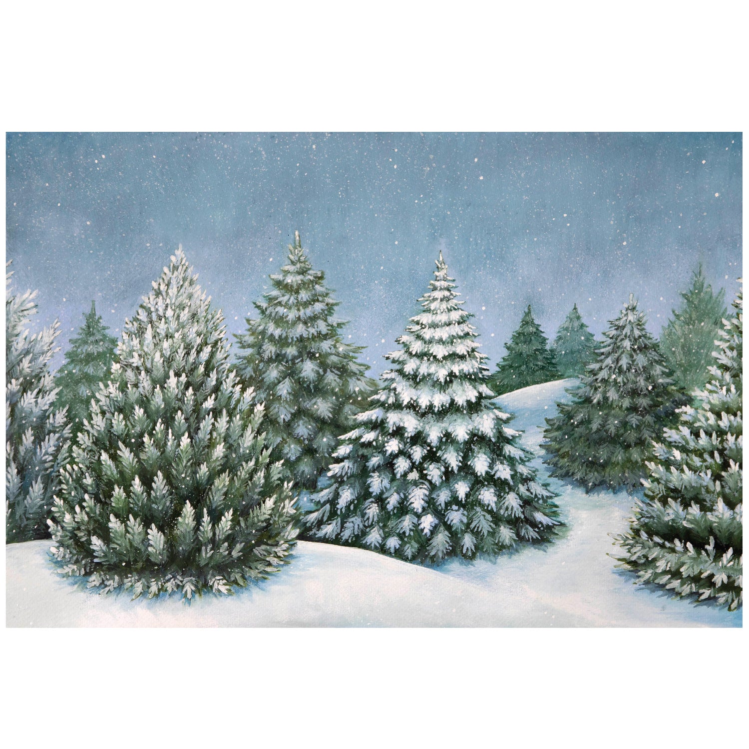 An illustration of delicately frosted evergreen trees in a snowy landscape, under a dusky blue sky scattered with falling snowflakes.