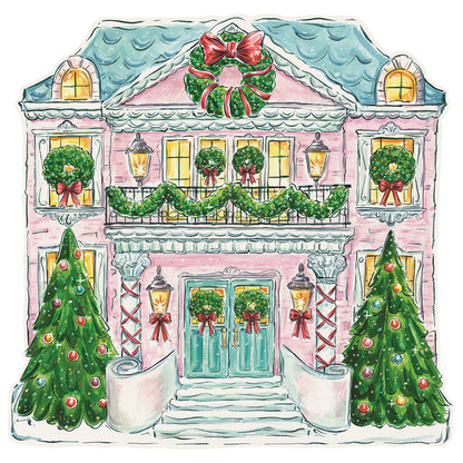 A whimsical die-cut illustration of a large, pink two-story home with a blue roof and doors and yellow windows, decorated with green and red wreaths, garlands and Christmas trees.