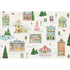 A charming illustration of various, colorful Christmas-decorated buildings such as a townhouse, a church and a shop, interspersed with Christmas trees and snowmen, laid out in a regular pattern on a snow-white background.  