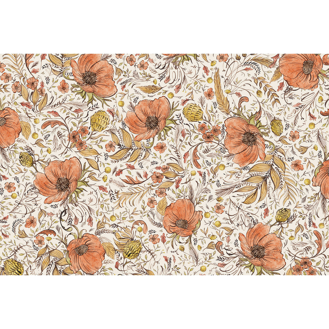 Edge-to-edge botanical design featuring large and small orange flowers, small orange and yellow leaves and seed pods, with painterly flourishes on a white background.