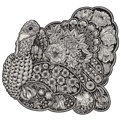 A Thanksgiving-inspired Die-cut Ebony Harvest Turkey Placemat by Hester &amp; Cook in an autumnal setting.