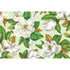 An illustrated scatter of large, white magnolia blossoms with green and brown leaves, stems and buds, on a mint green background.
