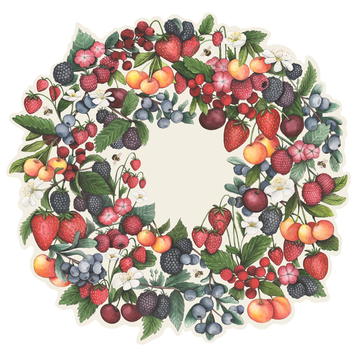 A Die-cut Berry Wreath Placemat of fruit and flowers perfect for a tablescape from Hester &amp; Cook.