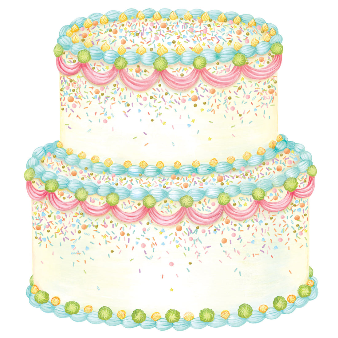 A delightful illustration of a two-tiered birthday cake in a light cream color, with decorative icing and sprinkles in pink, blue, green, yellow and gold.