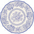 A round design with a scalloped edge, resembling a vintage plate with blue linework of flowers and birds on a white background.
