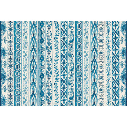 A pattern of vertical bands containing intricate and unique repeating designs, in a lovely indigo color over white.