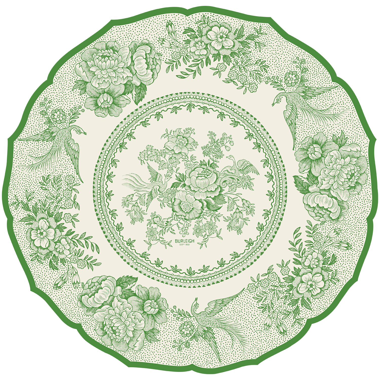 A round design with a scalloped edge, resembling a vintage plate with green linework of flowers and birds on a white background.