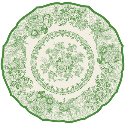 A round design with a scalloped edge, resembling a vintage plate with green linework of flowers and birds on a white background.