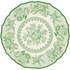 A round design with a scalloped edge, resembling a vintage plate with green linework of flowers and birds on a white background.