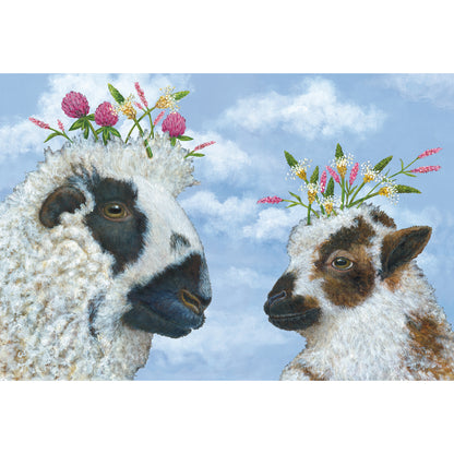 A realistic illustration depicting the faces of an adult sheep and a young lamb, both with pink and yellow flowers poking out of their wooly heads, on a sky-blue background with fluffy clouds.