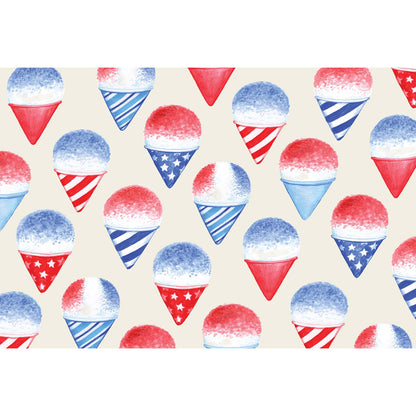 A pattern of patriotic Hester &amp; Cook snow cone placemats on a white background, perfect for summer BBQs and Fourth of July celebrations in the USA.