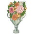 A die-cut, illustrated silver trophy filled with large flowers in muted pink, orange and yellow with vibrant green foliage.
