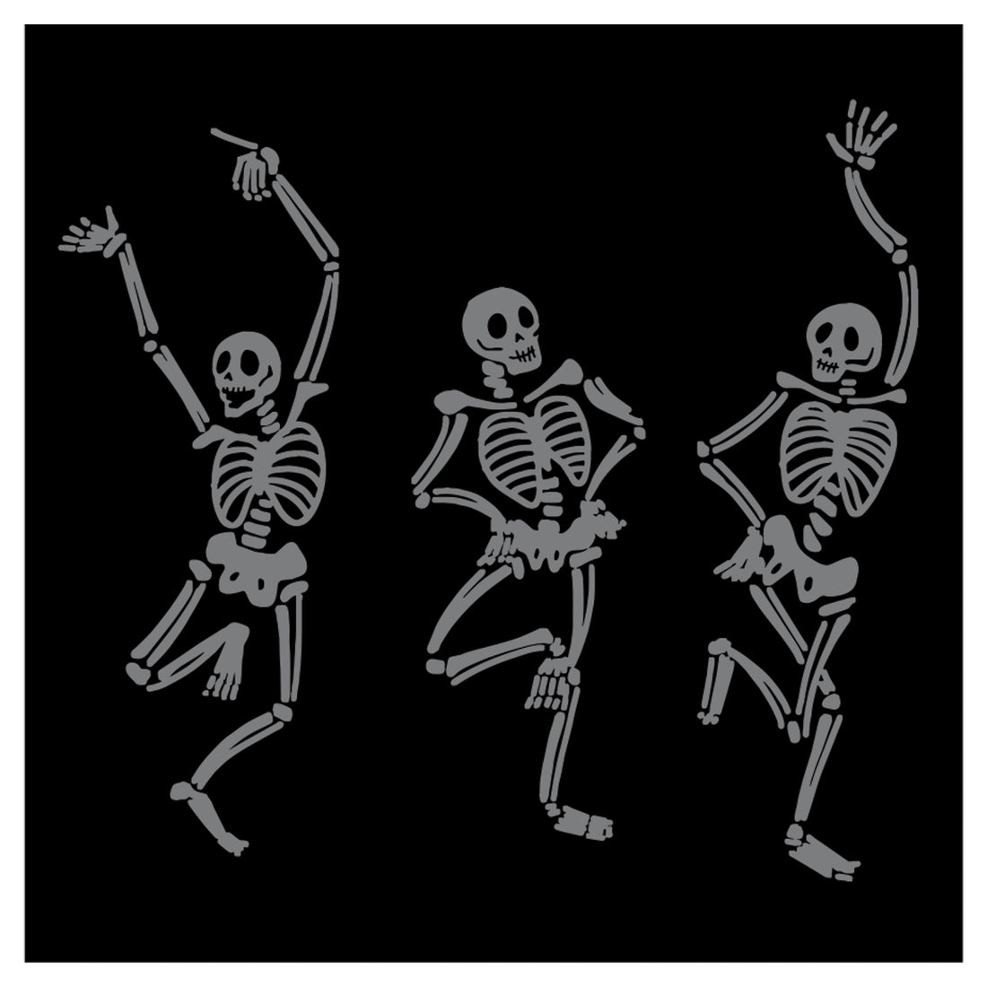A square, black cocktail napkin featuring three illustrated dancing silver skeletons.