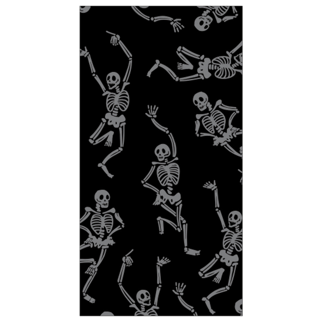 A rectangle, black guest napkin featuring a scatter of illustrated dancing silver skeletons.