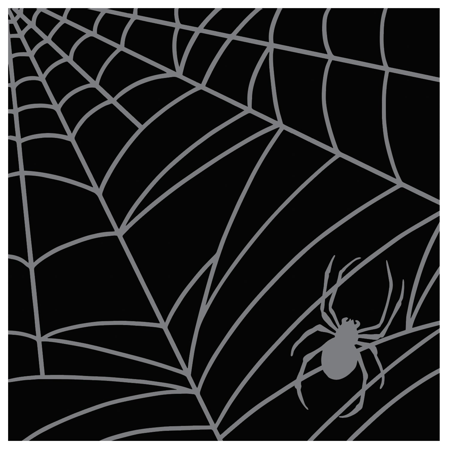 A black, square cocktail napkin featuring silver linework of a spiderweb and the silhouette of a spider.