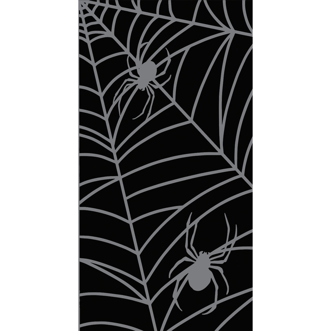 A black, rectangle guest napkin featuring silver linework of a spiderweb and the silhouettes of two spiders.