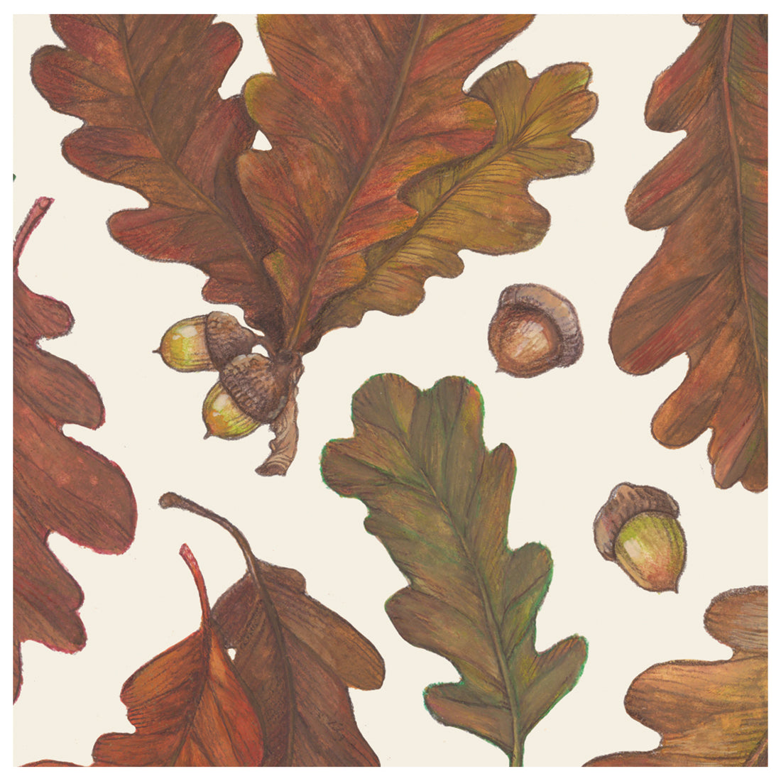 An edge-to-edge design of orange and brown oak leaves scattered with acorns on a white background, on a square cocktail napkin.