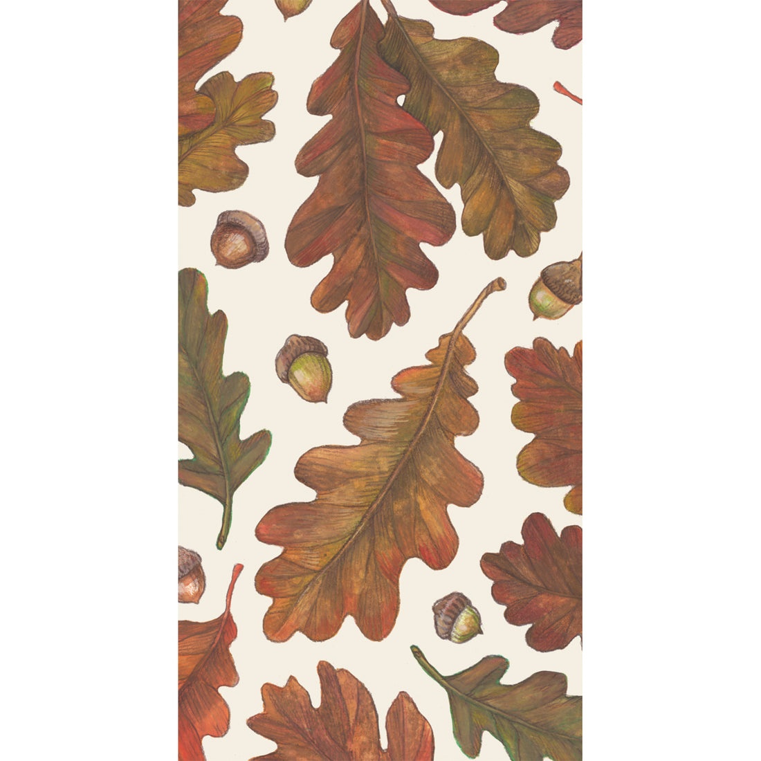 An edge-to-edge design of orange and brown oak leaves scattered with acorns on a white background, on a rectangle guest napkin.