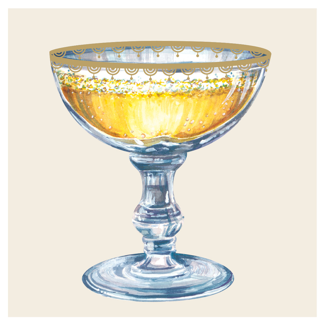 A square, cream cocktail napkin featuring an illustrated coupe glass full of bubbling, gold champagne. 