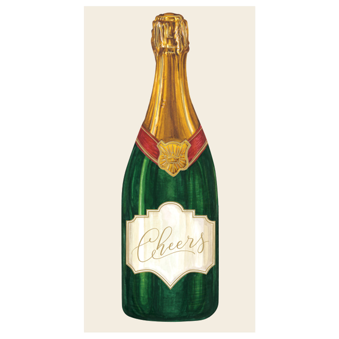 A rectangle, cream guest napkin featuring an illustrated dark green champagne bottle with a gold wrapping, a red ribbon, and a cream label that reads &quot;Cheers&quot; in gold script.
