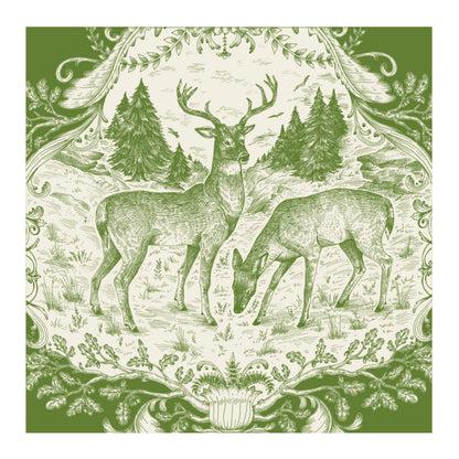 A square cocktail napkin featuring a toile-style illustration of a male and female deer surrounded by detailed filigree, in monochrome green on a white background.