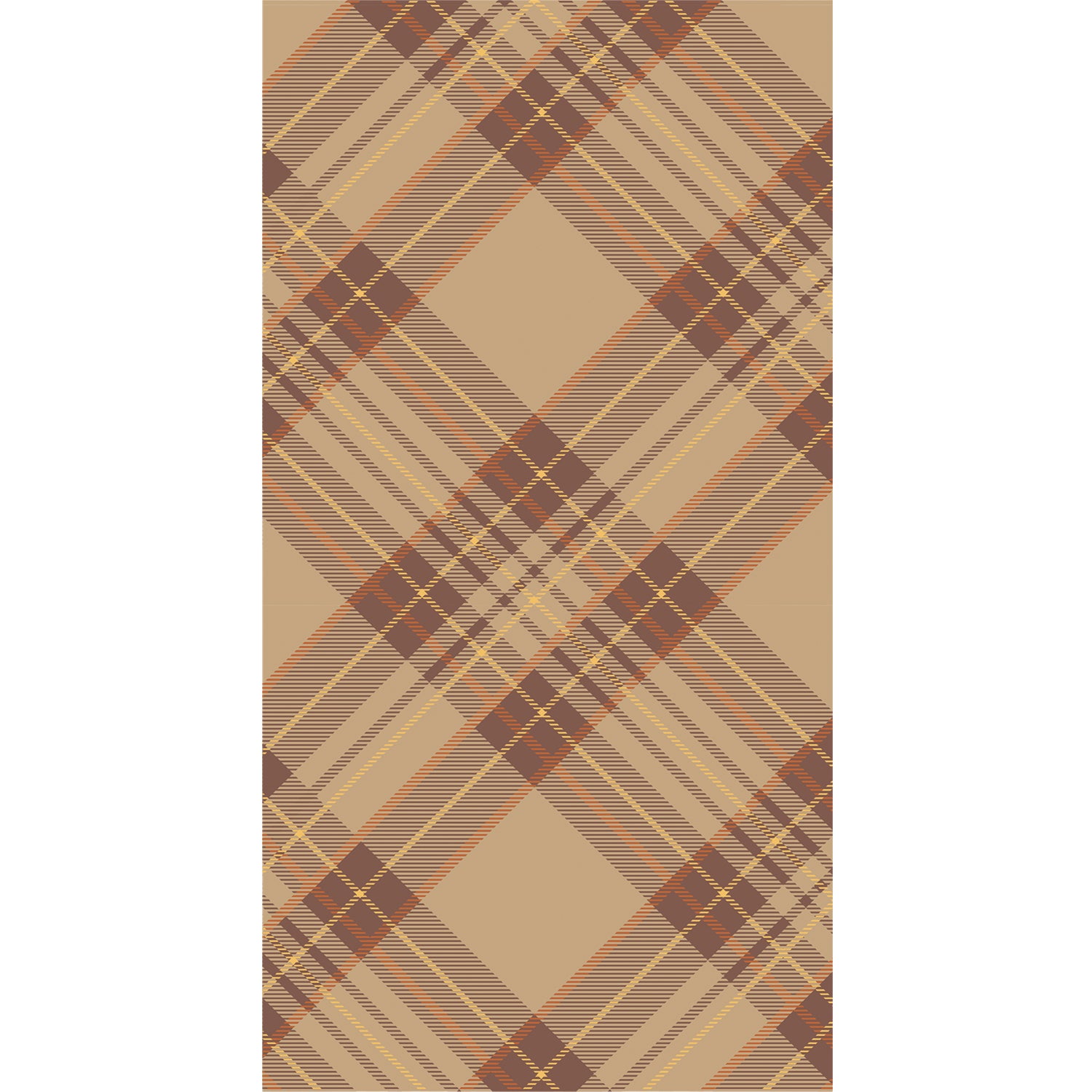 A diagonal plaid pattern of medium brown on a light tan color with accents of orange and yellow, on a rectangle guest napkin.