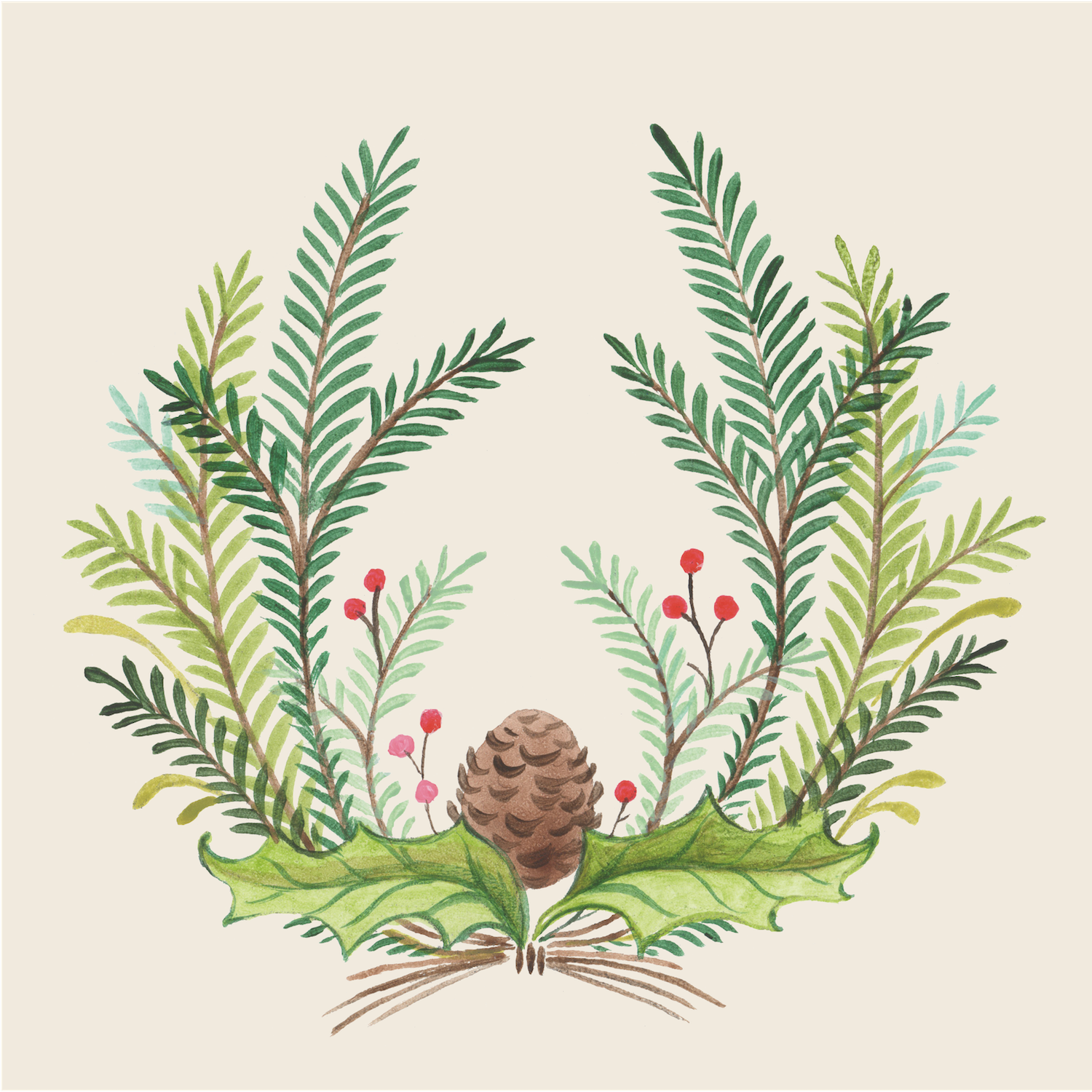 A square, cream cocktail napkin featuring a symmetrical illustrated wreath design with green winter foliage, red holly berries and a brown pinecone.