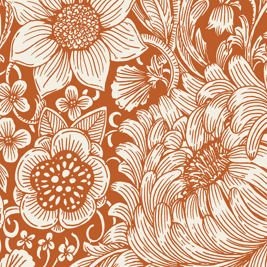 A square cocktail napkin featuring a densely-packed engraving-style illustration of large and small white flowers surrounded by white foliage, on a deep orange background.