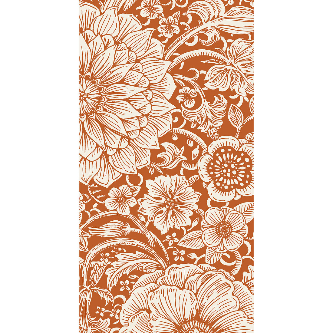 A rectangle guest napkin featuring a densely-packed engraving-style illustration of large and small white flowers surrounded by white foliage, on a deep orange background.
