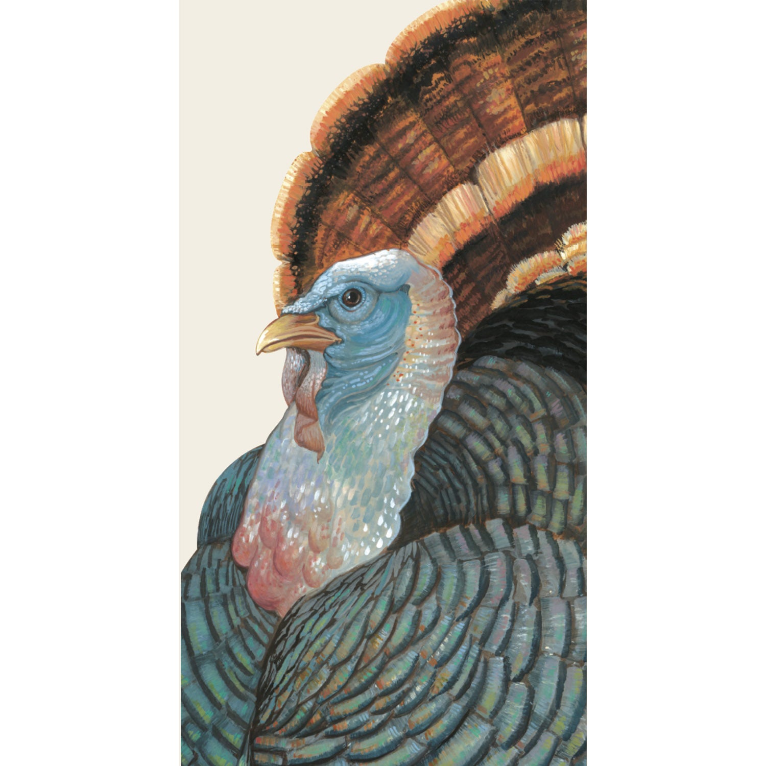 A white, rectangle guest napkin featuring a plump brown, blue and black turkey filling up most of the surface.