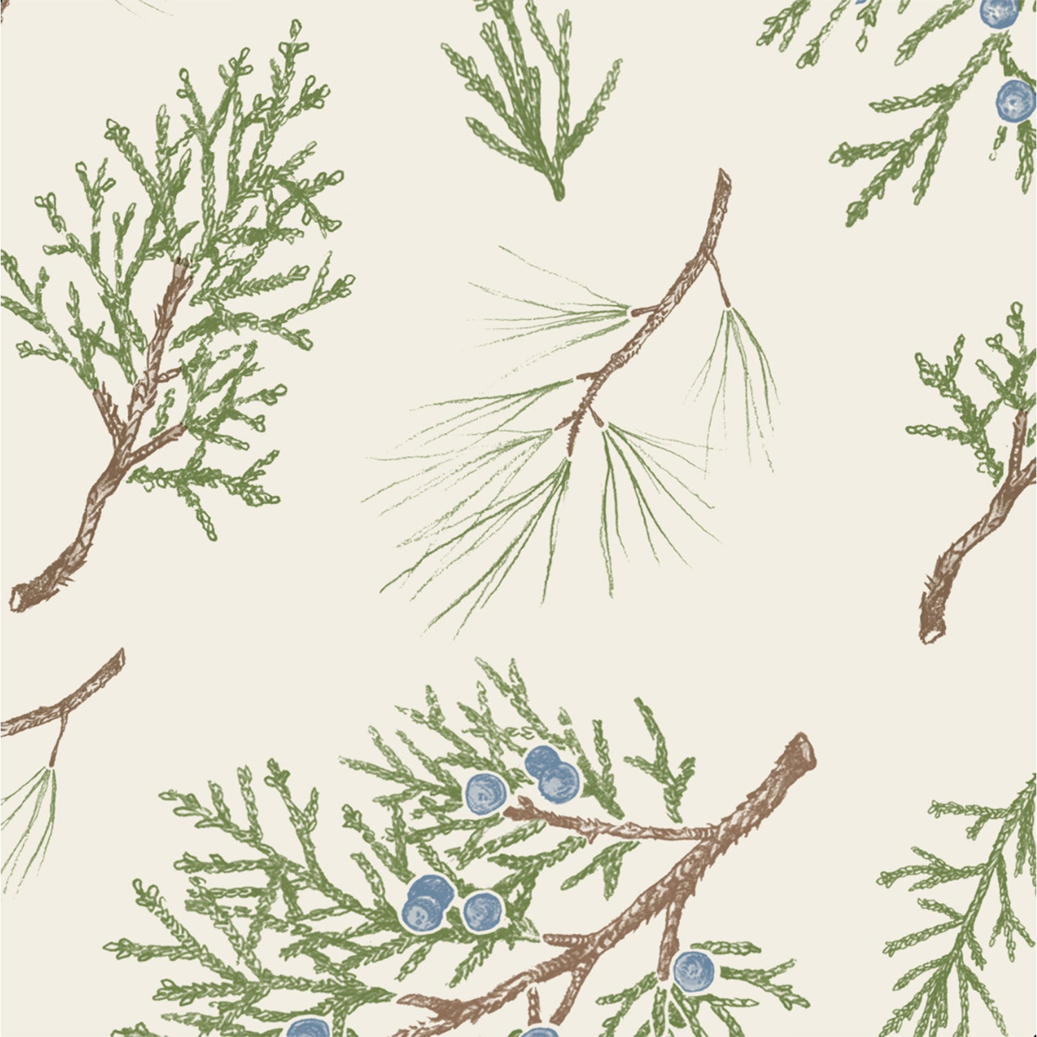 A square cocktail napkin featuring an illustrated scatter of green and brown juniper and pine sprigs with small blue berries, over a white background.
