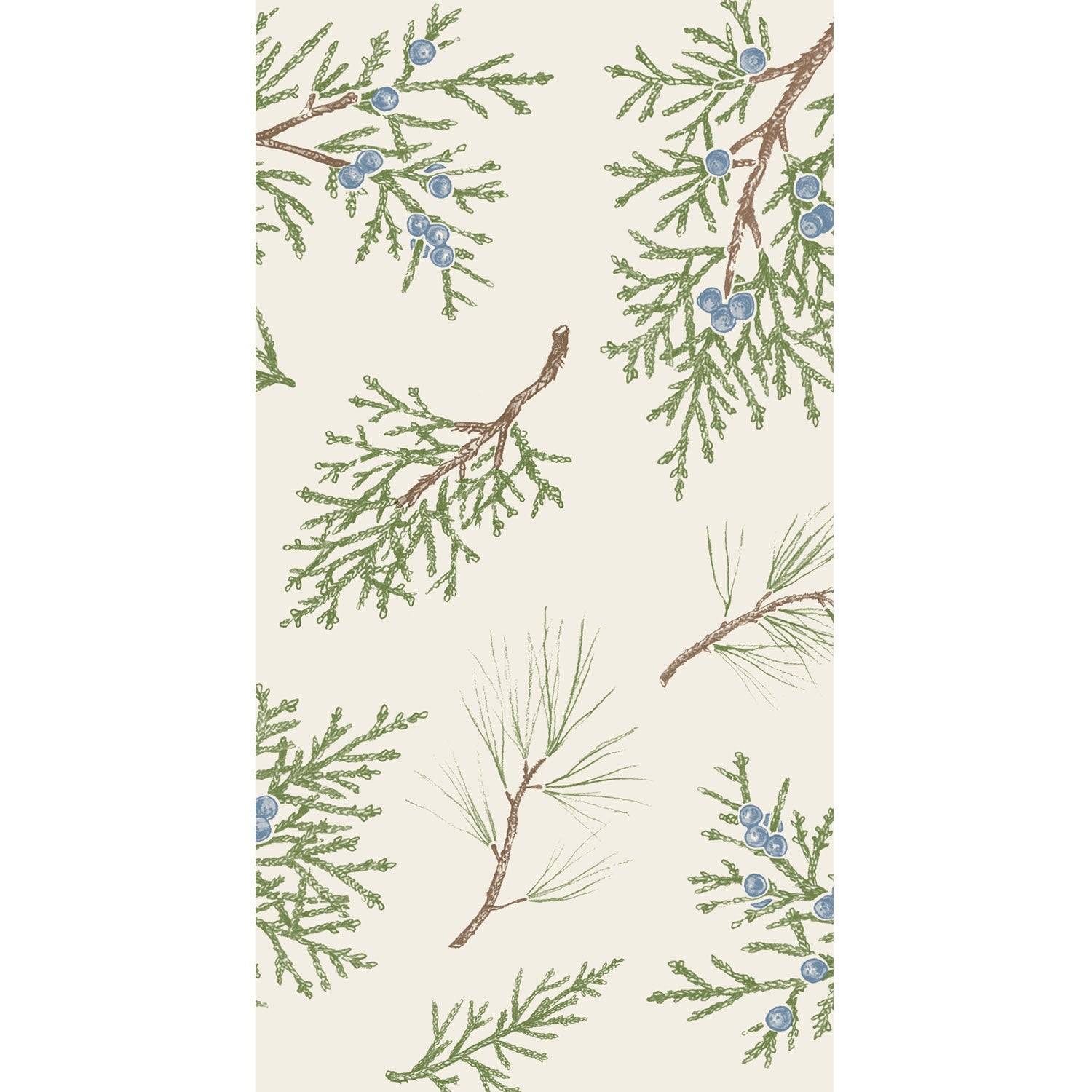 A rectangle guest napkin featuring an illustrated scatter of green and brown juniper and pine sprigs with small blue berries, over a white background.