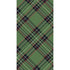 A square cocktail napkin featuring a diagonal plaid pattern of black, red and white over medium green.