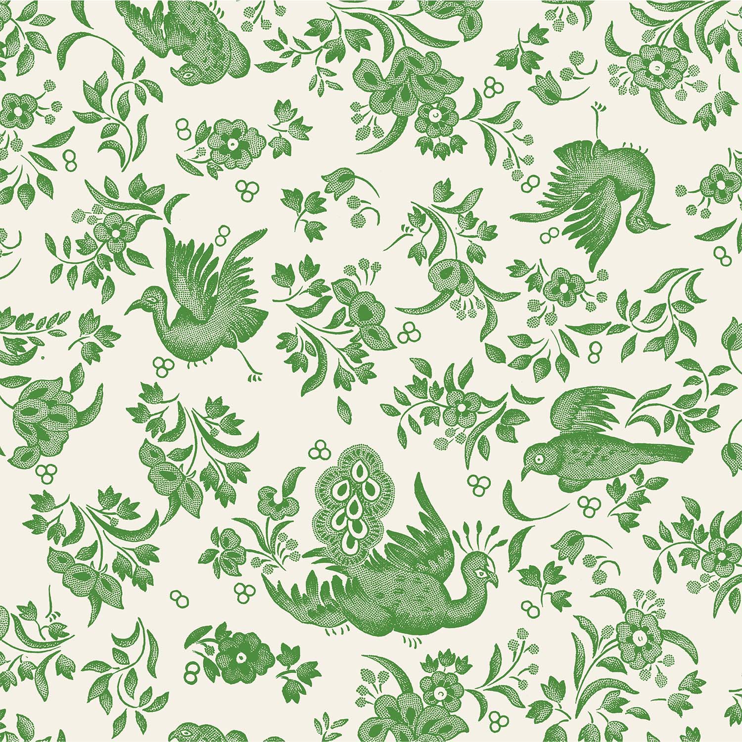 A Green Regal Peacock Napkins pattern with flowers.
