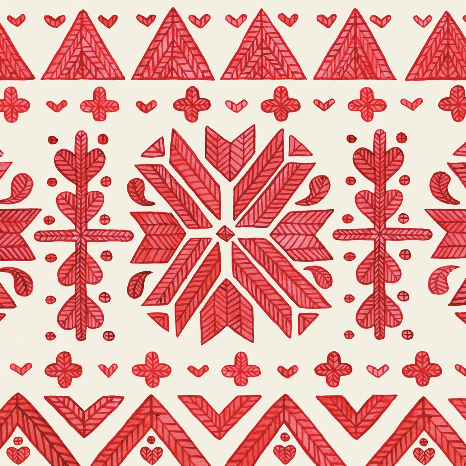 Fair Isle Cocktail Napkin featuring red geometric folk art pattern with hearts, triangles, and stylized leaves on a cream background, inspired by hand-knit designs.