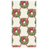 A repeating lattice pattern of green Christmas wreaths with red bows and yellow ornaments, on a cream background.