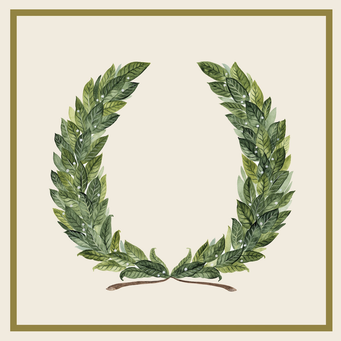A watercolor illustration of a laurel wreath with green leaves, arranged in a U-shape and bordered by a thin gold frame.
