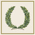 A watercolor illustration of a laurel wreath with green leaves, arranged in a U-shape and bordered by a thin gold frame.