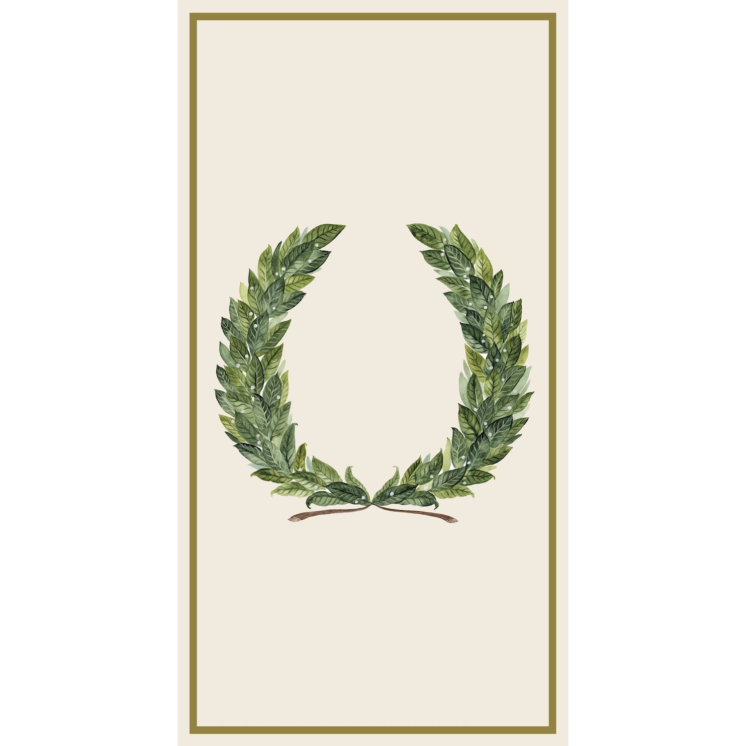 A watercolor illustration of a laurel wreath with green leaves, arranged in a U-shape and bordered by a thin gold frame.