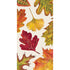 An illustration of fall leaves in colors of red, green and yellow, in a pattern on a cream background.