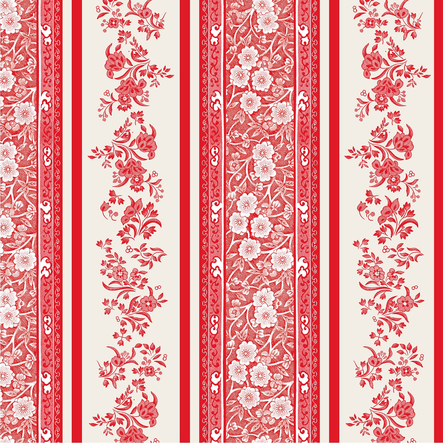 Red Burleigh Stripe Cocktail Napkin featuring red stripes with intricate Burleigh floral patterns on a cream background.