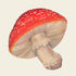 Illustration of a red-capped mushroom with white spots, thick stem, and visible gills, on a cream background.
