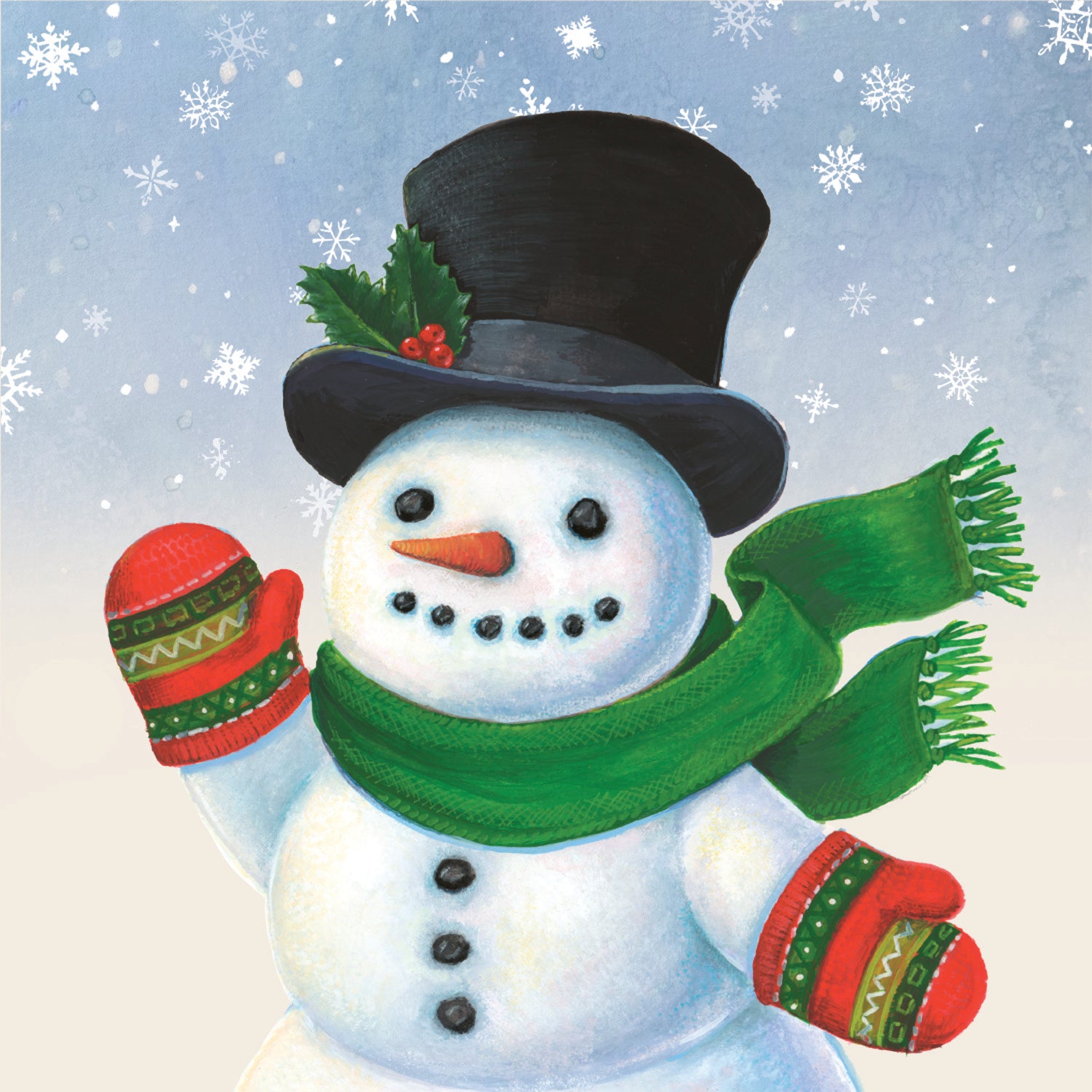 An illustration of a snowman with a carrot nose and coal eyes and mouth, wearing a black top hat adorned with holly, a green scarf and festive mittens, in a snowy scene.