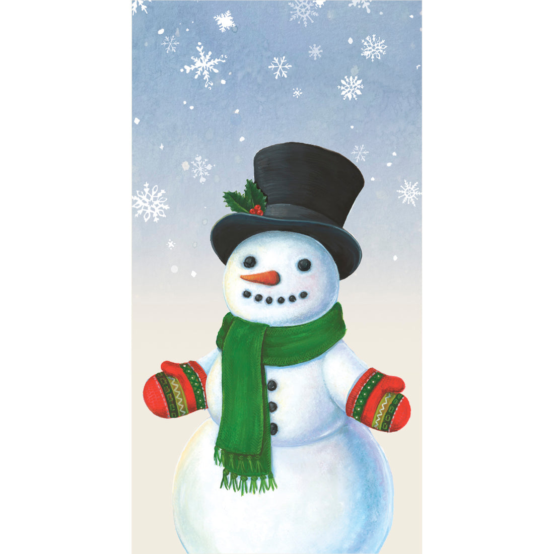An illustration of a snowman with a carrot nose and coal eyes and mouth, wearing a black top hat adorned with holly, a green scarf and festive mittens, in a snowy scene.