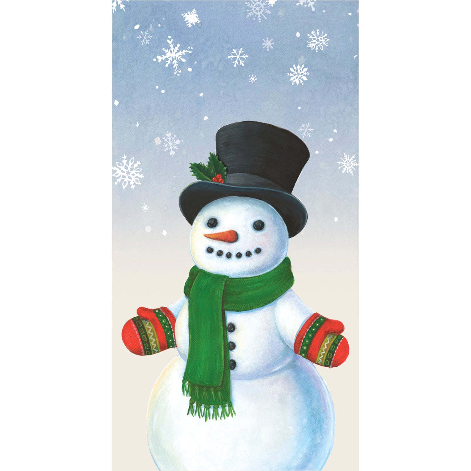 An illustration of a snowman with a carrot nose and coal eyes and mouth, wearing a black top hat adorned with holly, a green scarf and festive mittens, in a snowy scene.